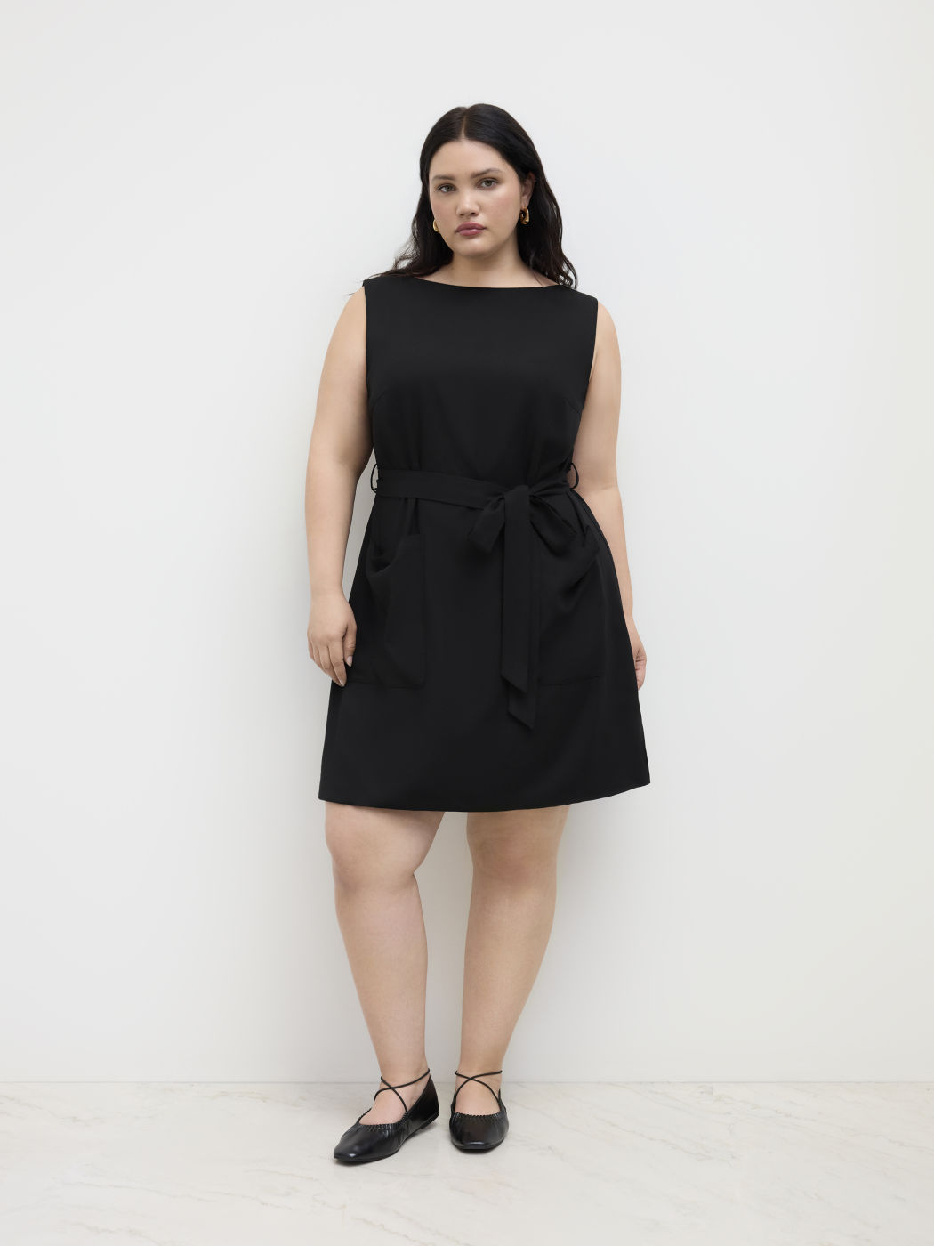 Linen-blend Boat Neck Mini Dress With Belt Curve & Plus