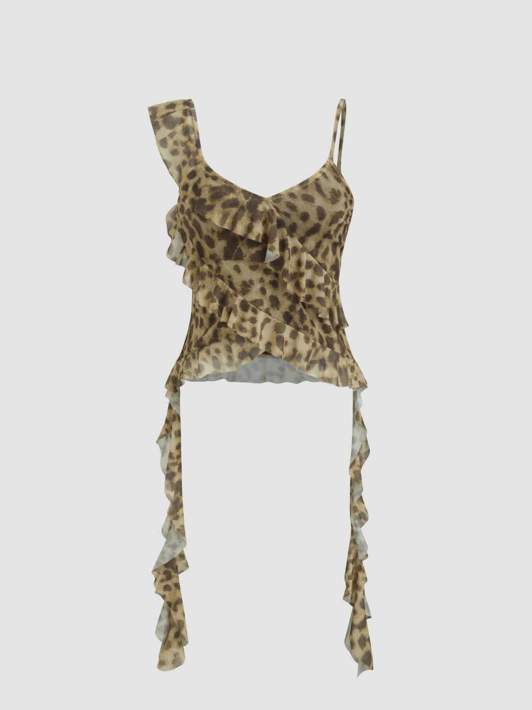 Top Cami con Scollo a V in Mesh con Orlo a Volant Leopardato