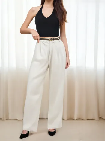 Gurtetes Leinen-Pantalon mit geraden Beinen