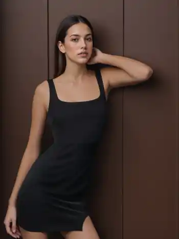 Einfarbiges Mini-Kleid mit quadratischem Hals und Schlitz
