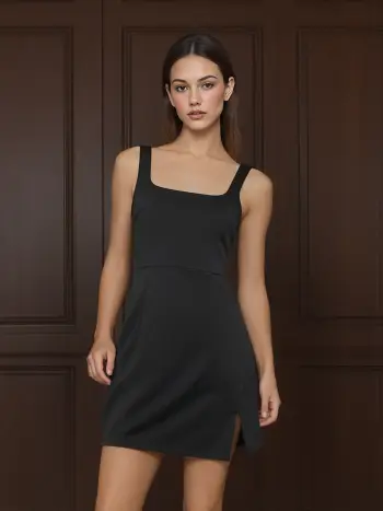 Solid Square Neck Split Mini Dress