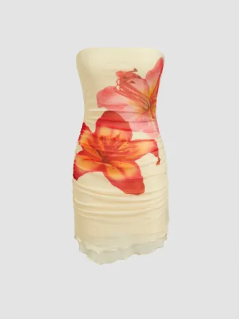 Mesh Blumen-Ruch-Bandeau-Mini-Kleid