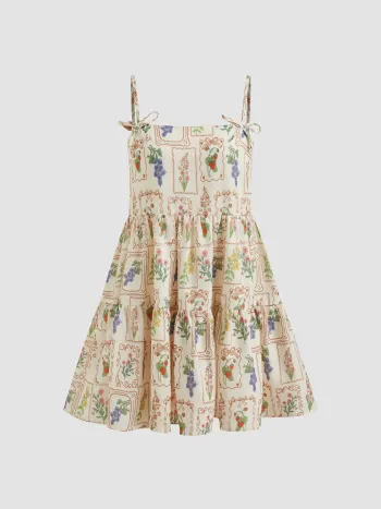 Blumiges Mini-Kleid mit quadratischem Hals, Schleife und Rüschen
