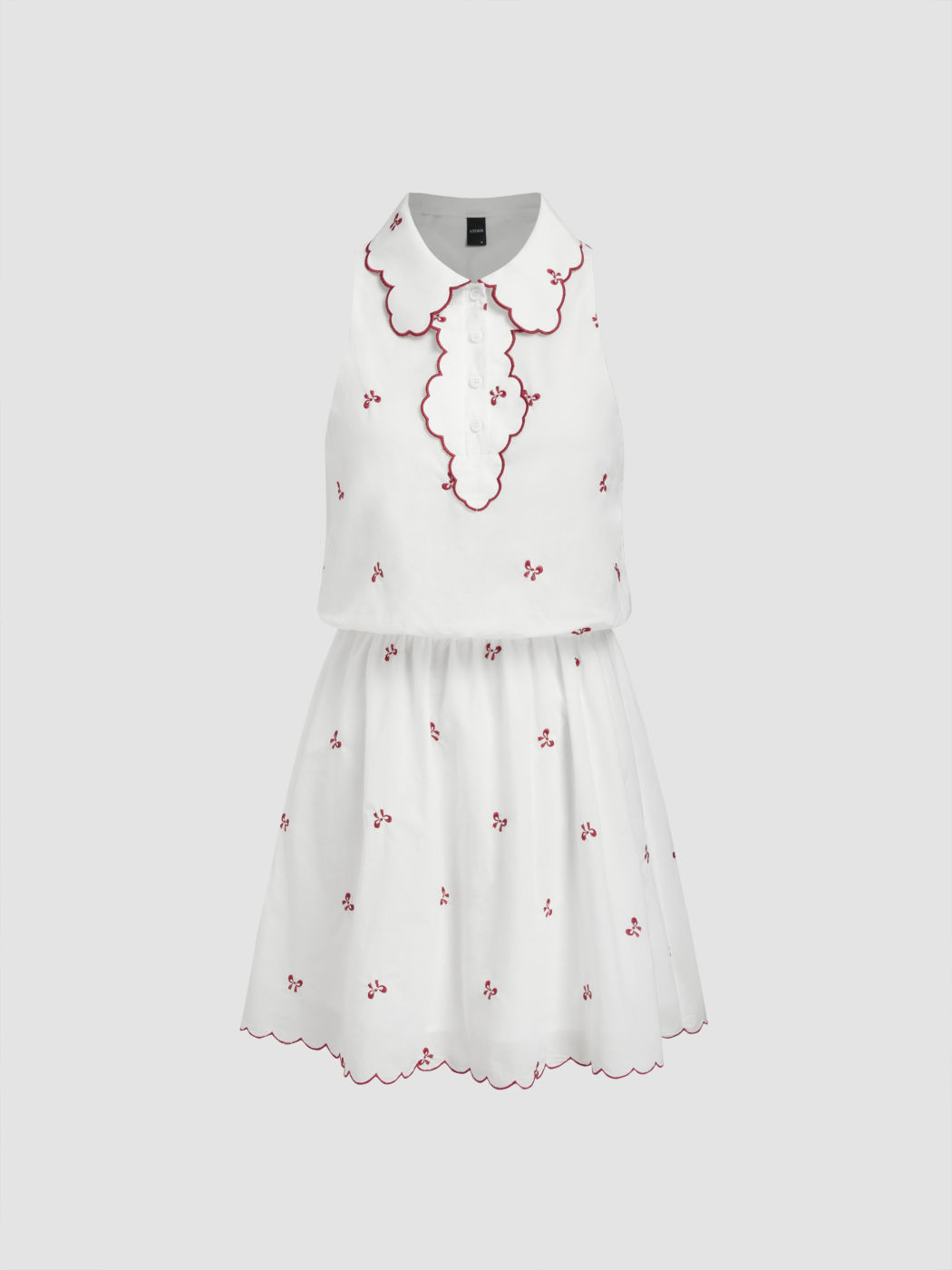 Cotton-blend Bowknot Embroidery Contrasting Binding Wave Hem Mini Dress