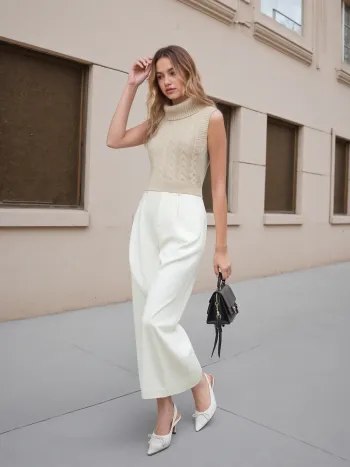 High Neck Solid Cable Knit Crop Vest
