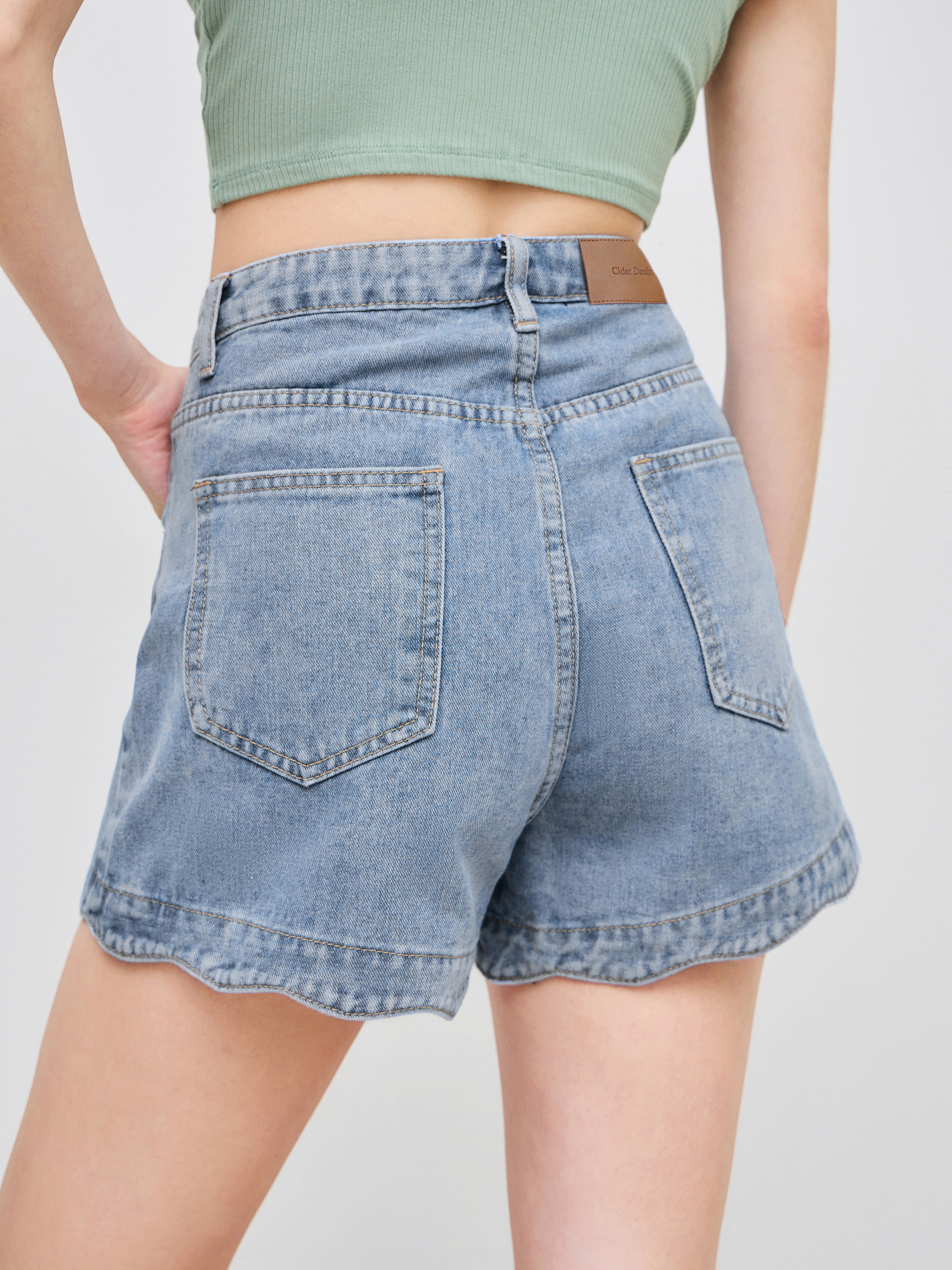 『Cider』デニムミッドウエストスプリットショーツ Denim Denim Fringe Mid Waist Shorts For School Daily Casual