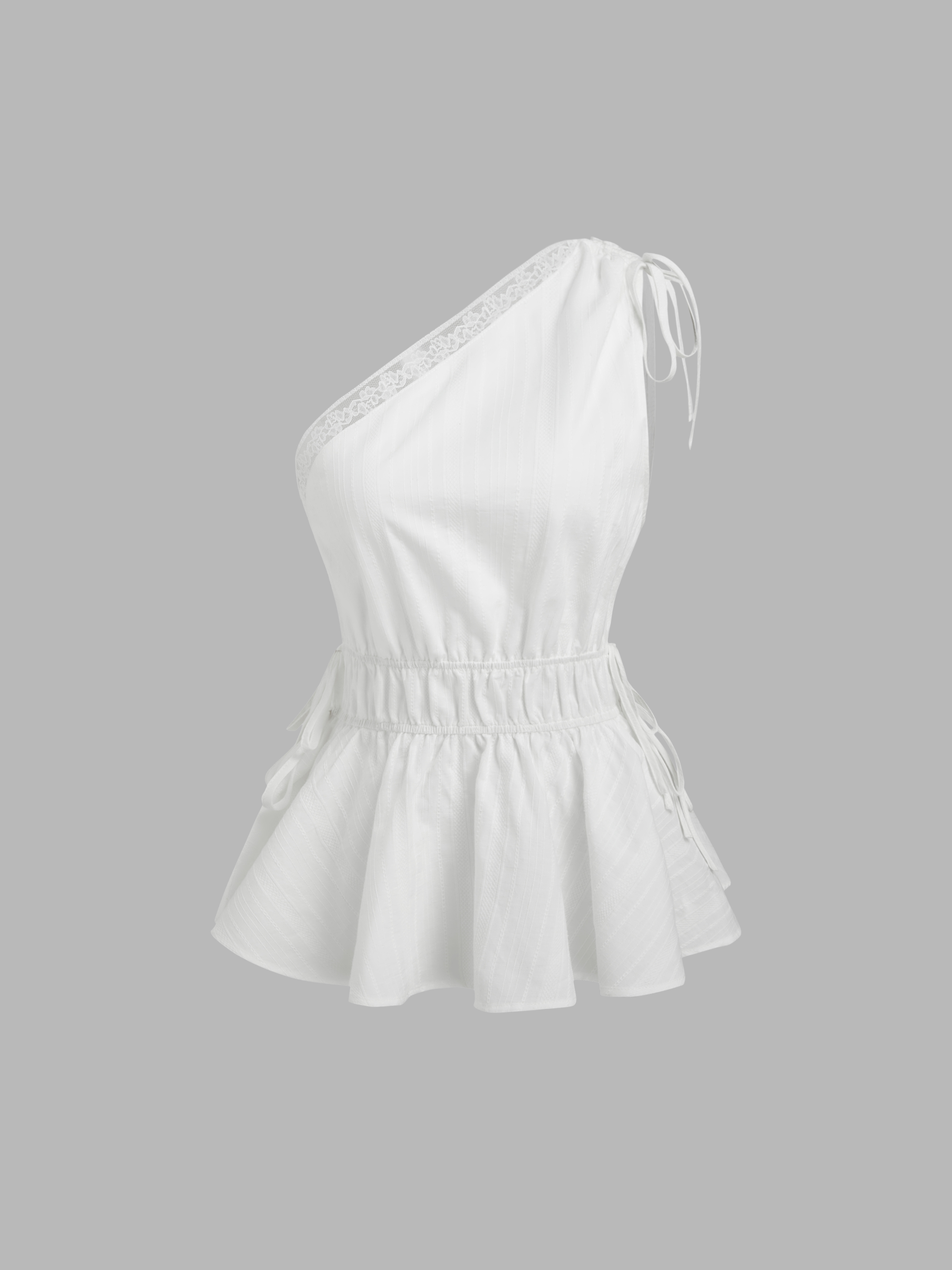 Crop Tops en coton avec col asymétrique, cordon de réglage et volants de dentelle