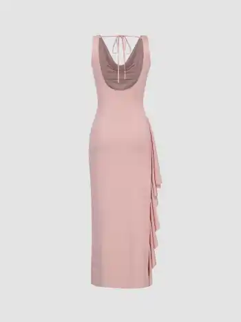 Cowl Neck Ruffle Hem Split Backless Maxi Dress