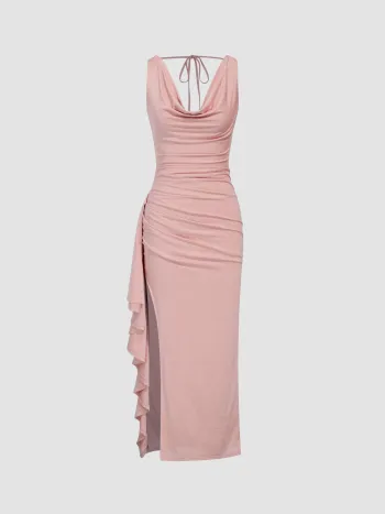 Cowl Neck Ruffle Hem Split Backless Maxi Dress