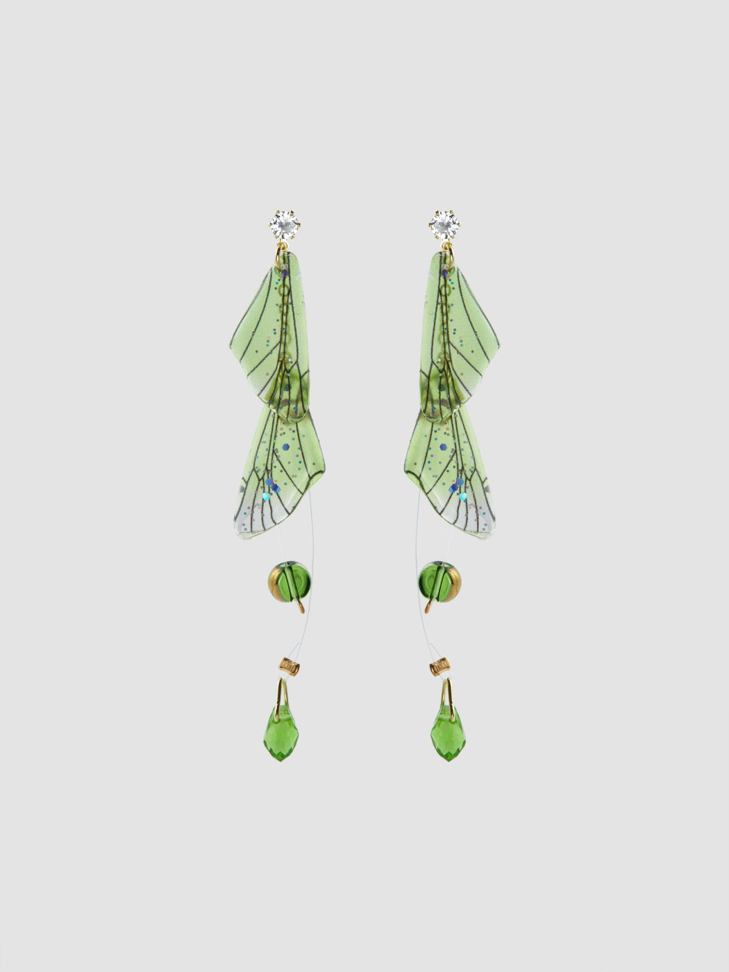 ZIRCON WING & GLASS PENDANT & RHINESTONE EARRINGS