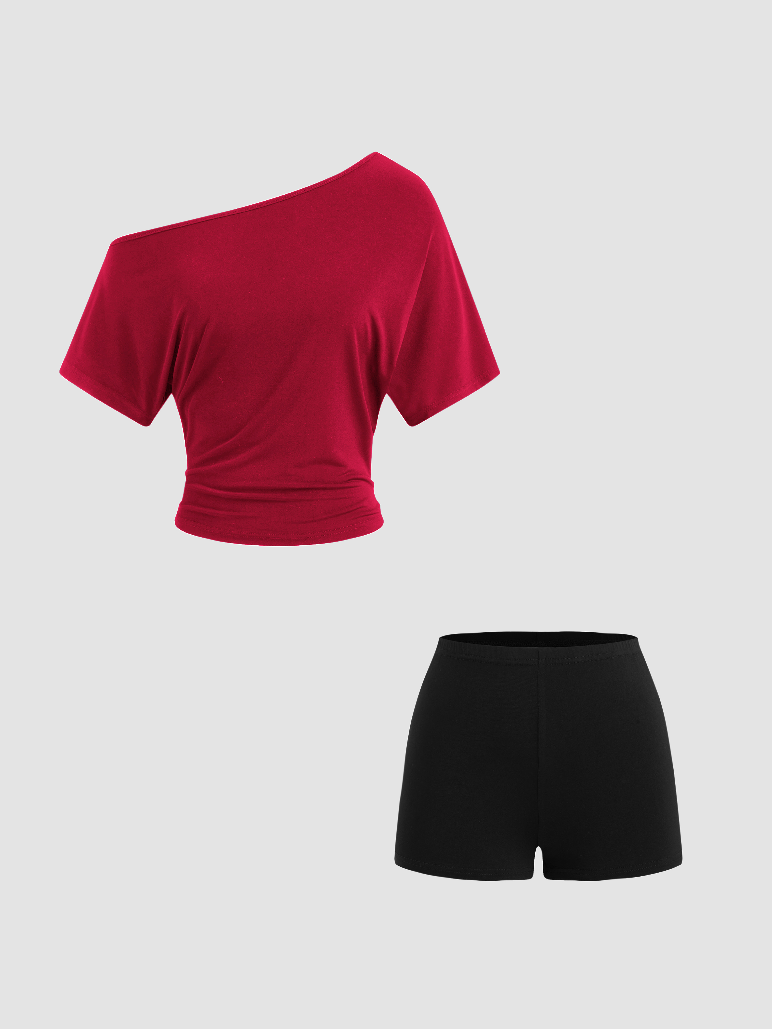 Knit Fabric CDR Asymmetrical Neck Ruched Top & Mid Rise Micro Shorts Set For Daily Casual