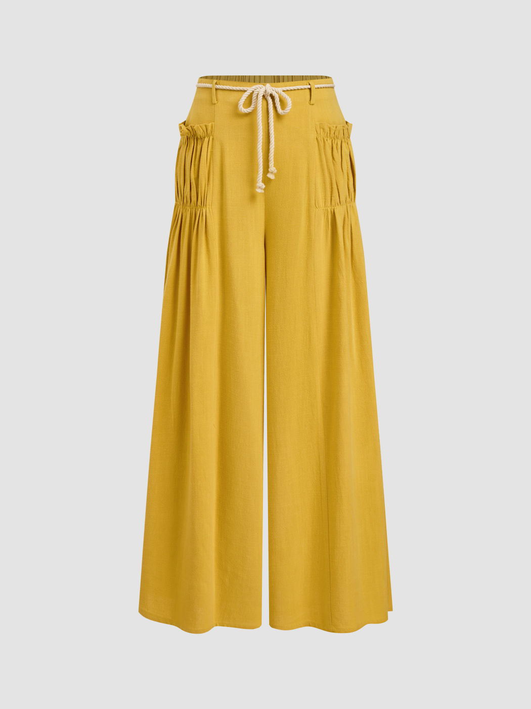 Linen-blend Mid Rise Pocket Wide Leg Trouser With Rope Belt