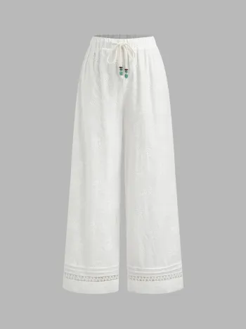 Baumwollmischung Mittelhöhe Broderie Anglaise Knotenperlen Gerade Beine Hosen