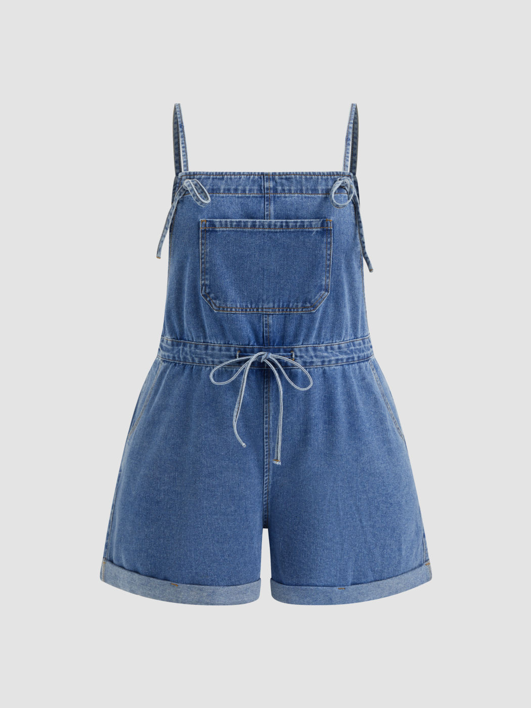 Denim Drawstring Knotted Roll Hem Romper Curve & Plus