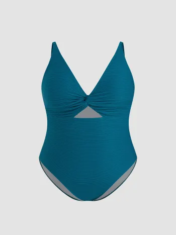 Shaping Ribbed V-neck Ruched Cut Out One Piece Swimsuit Curve & Plus