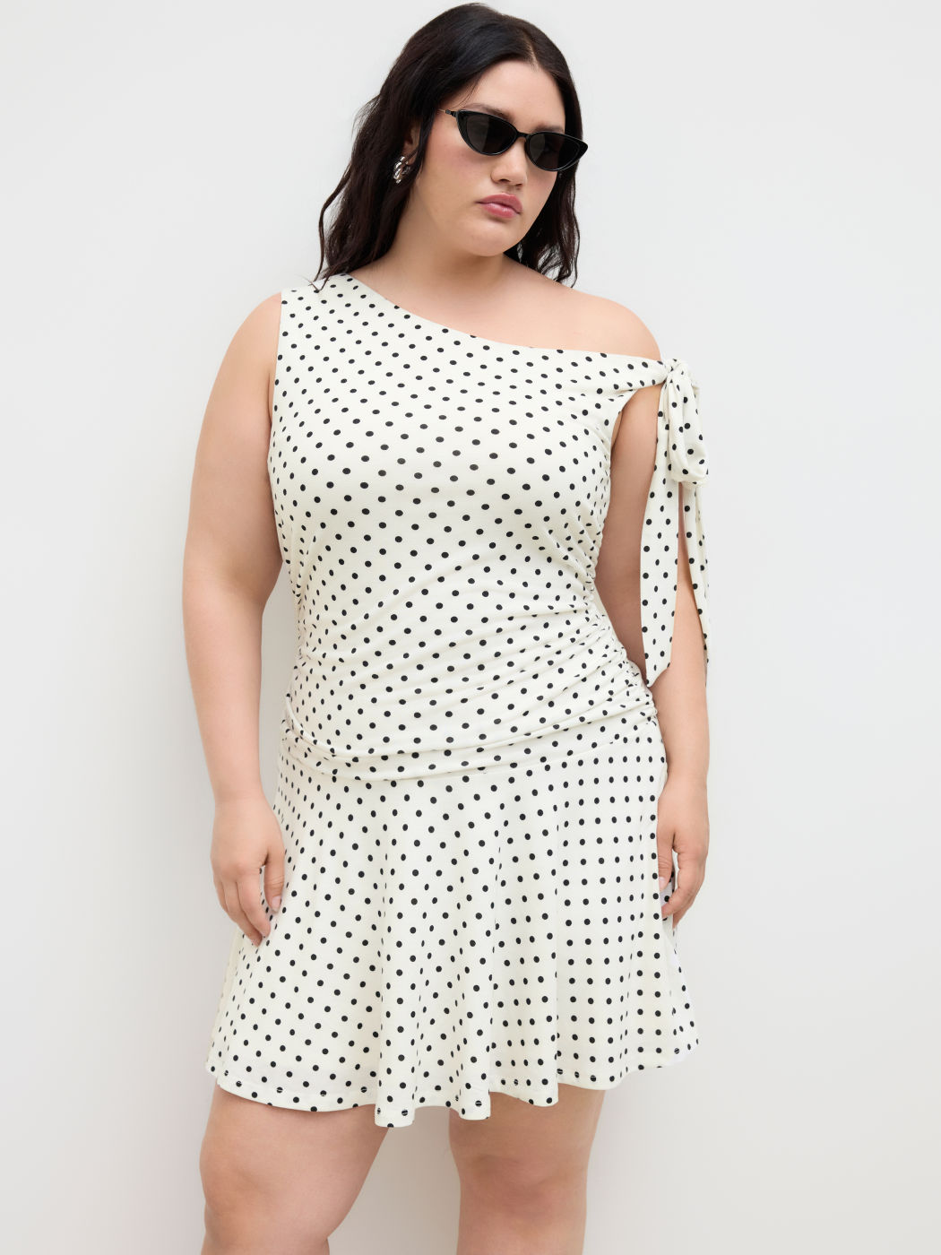 Asymmetrical Neck Polka Dot Ruched Mini Dress Curve & Plus