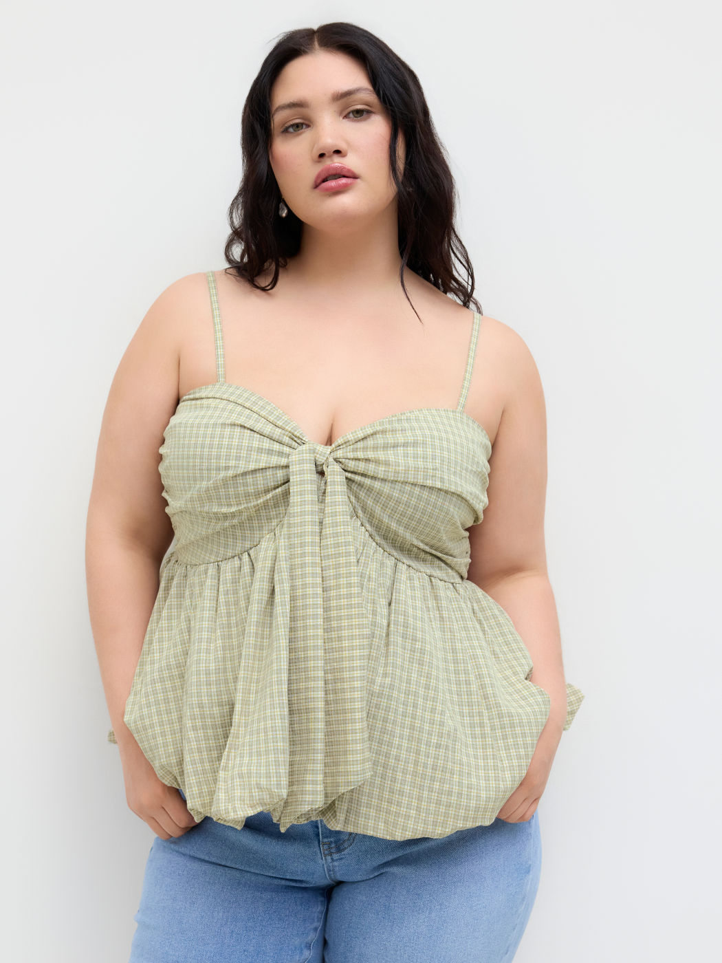 V-neck Check Shirred Knotted Bubble Hem Cami Top Curve & Plus
