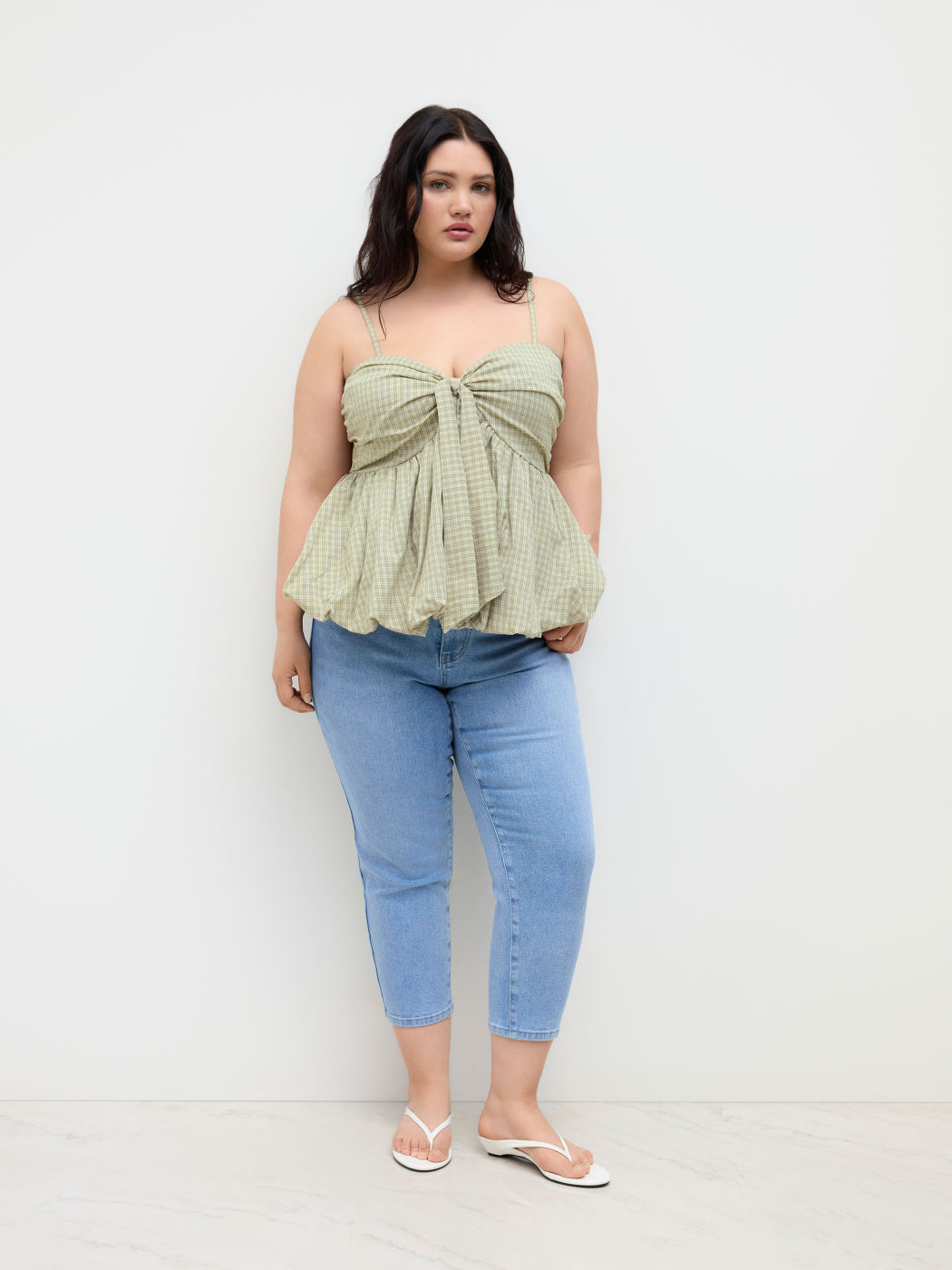 V-neck Check Shirred Knotted Bubble Hem Cami Top Curve & Plus