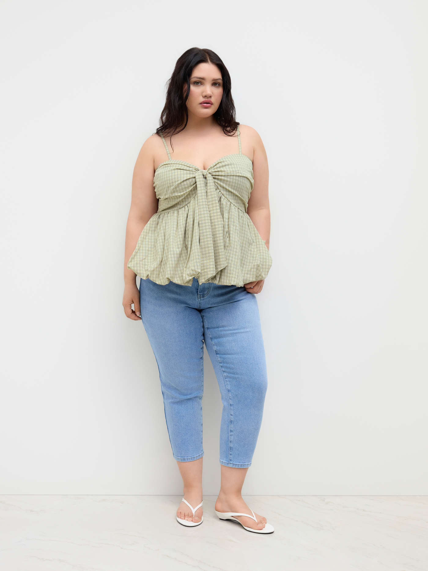 V-neck Check Shirred Knotted Bubble Hem Cami Top Curve & Plus