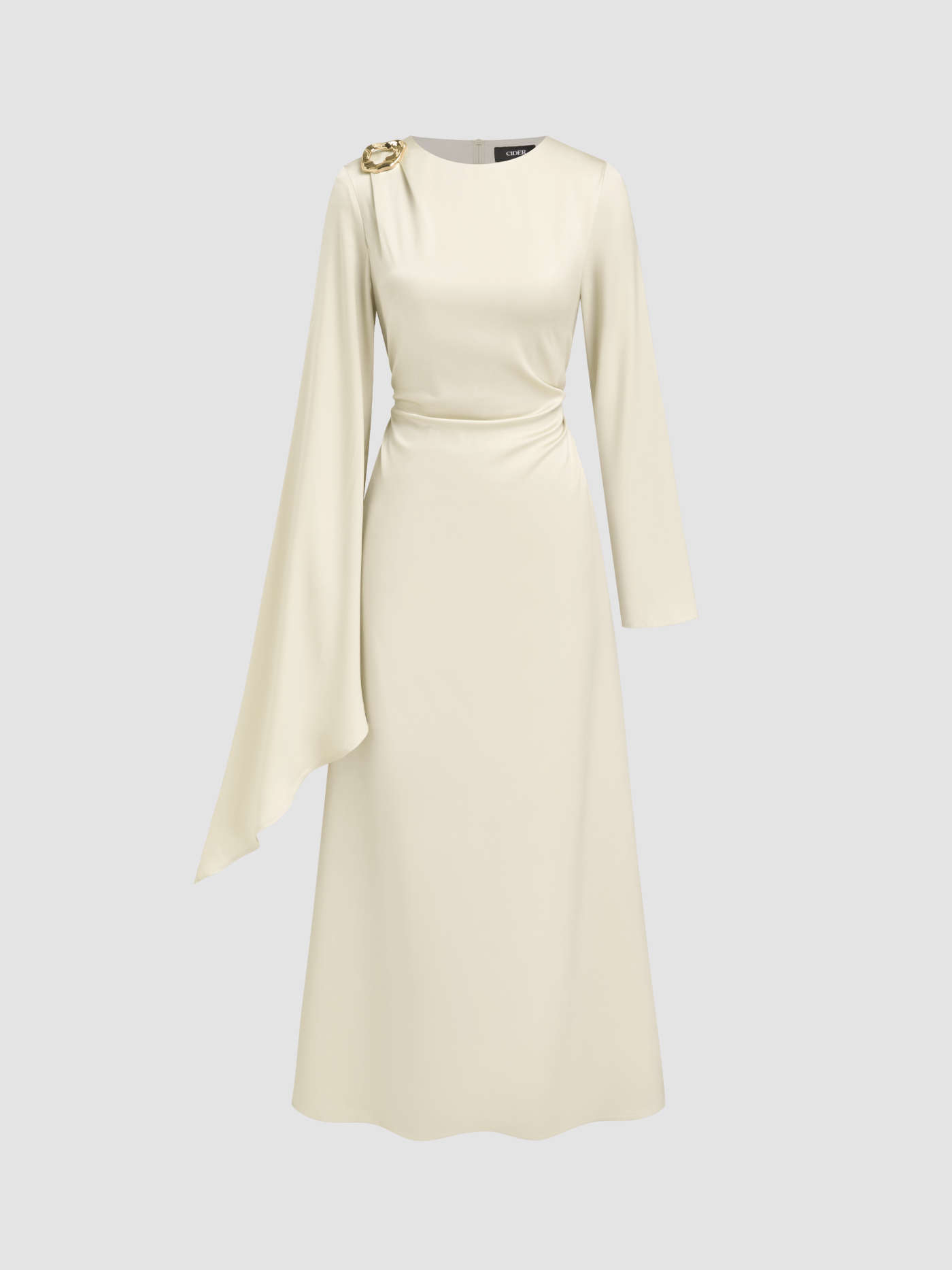 Satin Boat Neck Asymmetrical Sleeve Ruched Metal Detail Maxi Dress