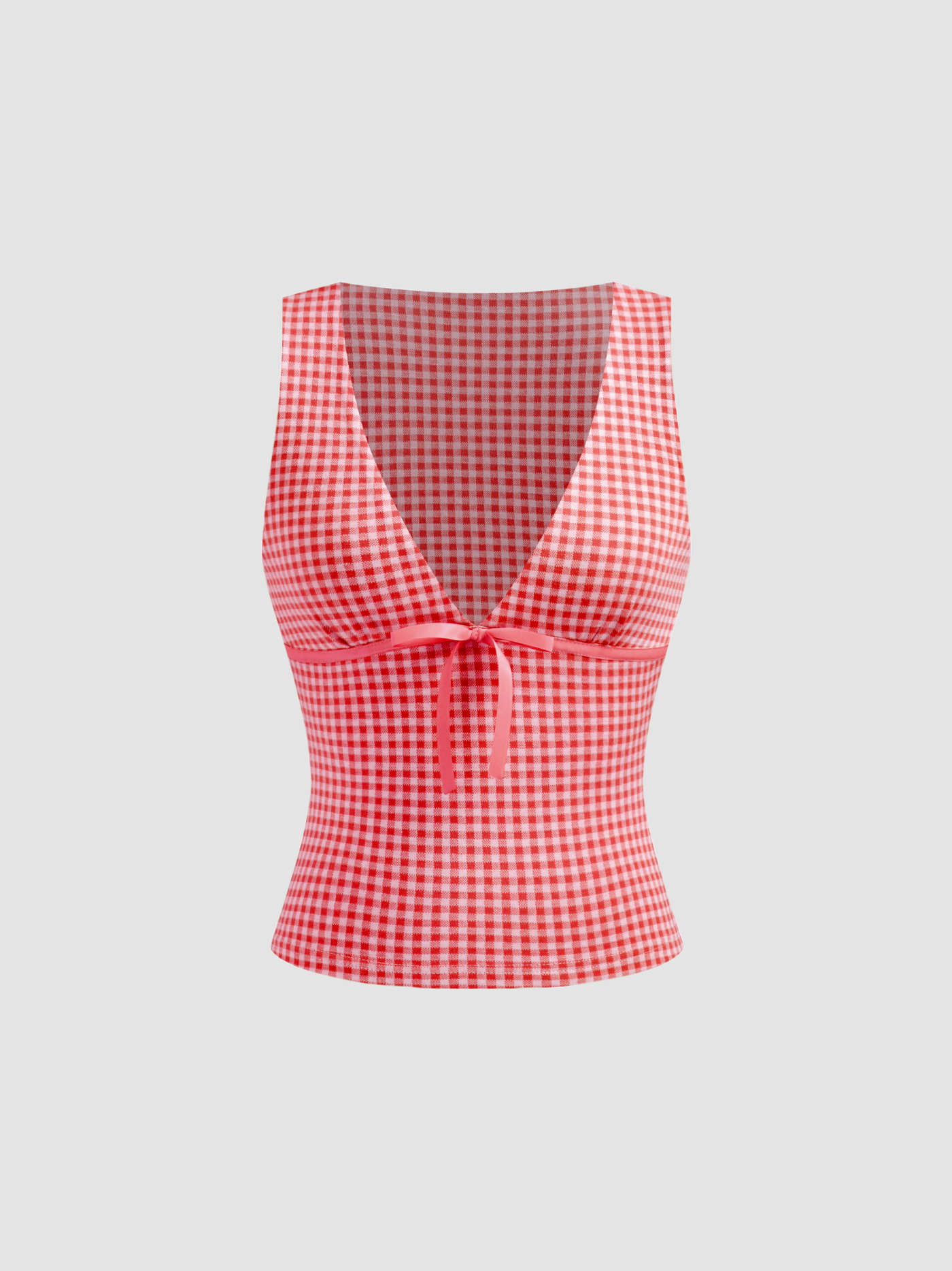 Knit Fabric V-neck Gingham Bowknot Tank Top For Daily Casual