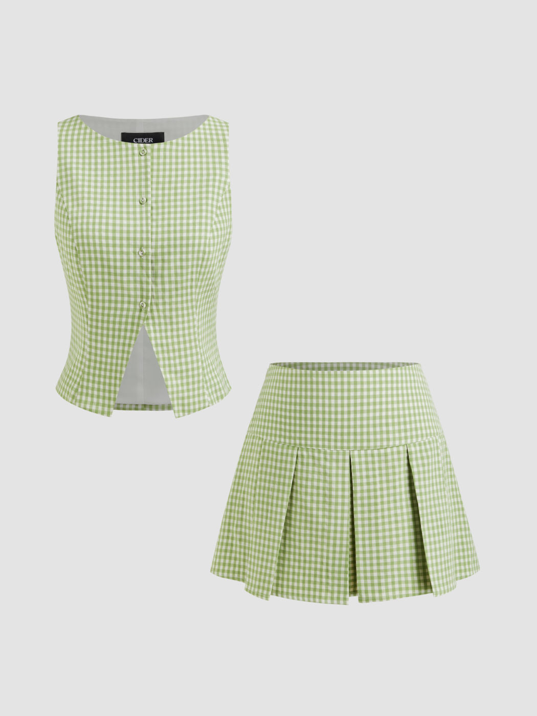 Boat Neck Gingham Button Up Tank Top & Mid Rise Pleated Mini Skirt Set