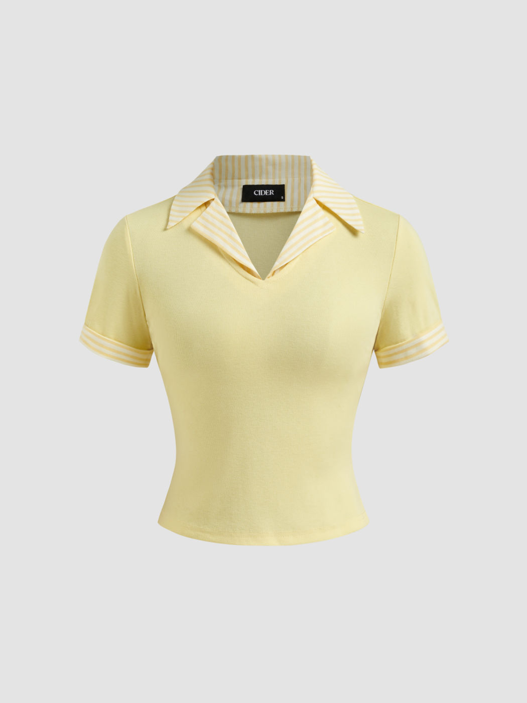 Cotton-blend Collar Stripe Patched Short Sleeve Top