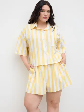 Baumwollkragen Streifen Oversize Shirt & Mittelhohe Shorts mit Reißverschluss Kurve & Plus