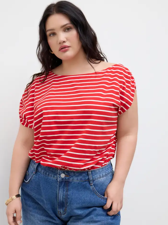 Woven Boat Neck Shirred Top & Cami Top Curve & Plus For Daily Casual