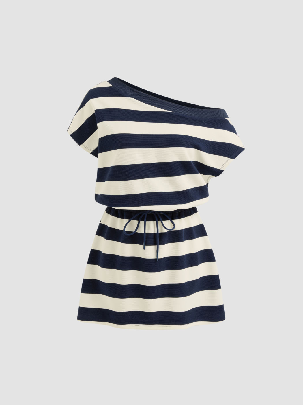 Cotton-blend Asymmetrical Neck Drawstring Stripe Mini Dress