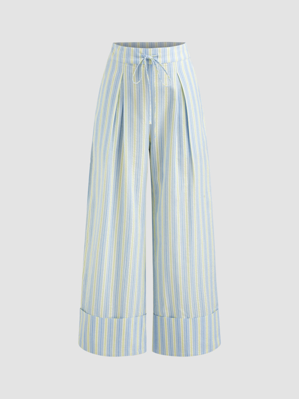 Cotton-blend Mid Rise Stripe Drawstring Roll Hem Wide Leg Trousers