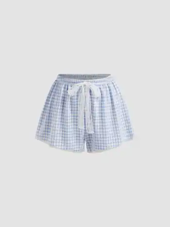 Low Rise Gingham Bowknot Lace Trim Shorts