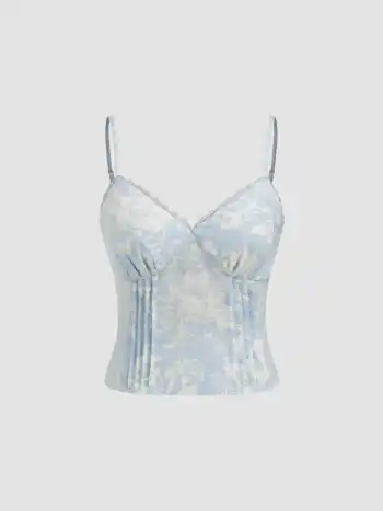 Leinenmischung Blumenstick Spitze Borte Riffel Camisole Oberteil