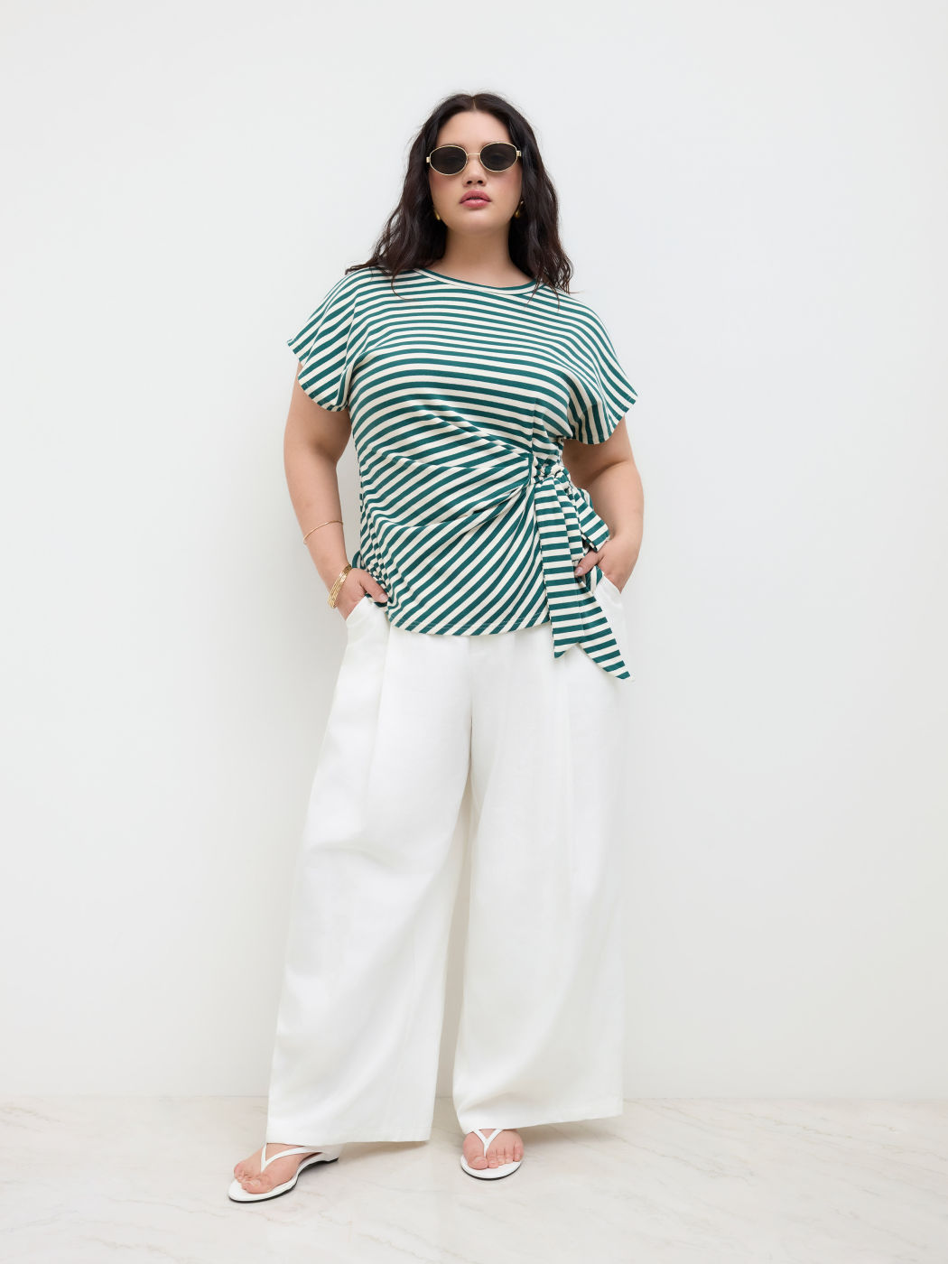 Cotton-blend Knotted Stripe Short Sleeve Tee Curve & Plus