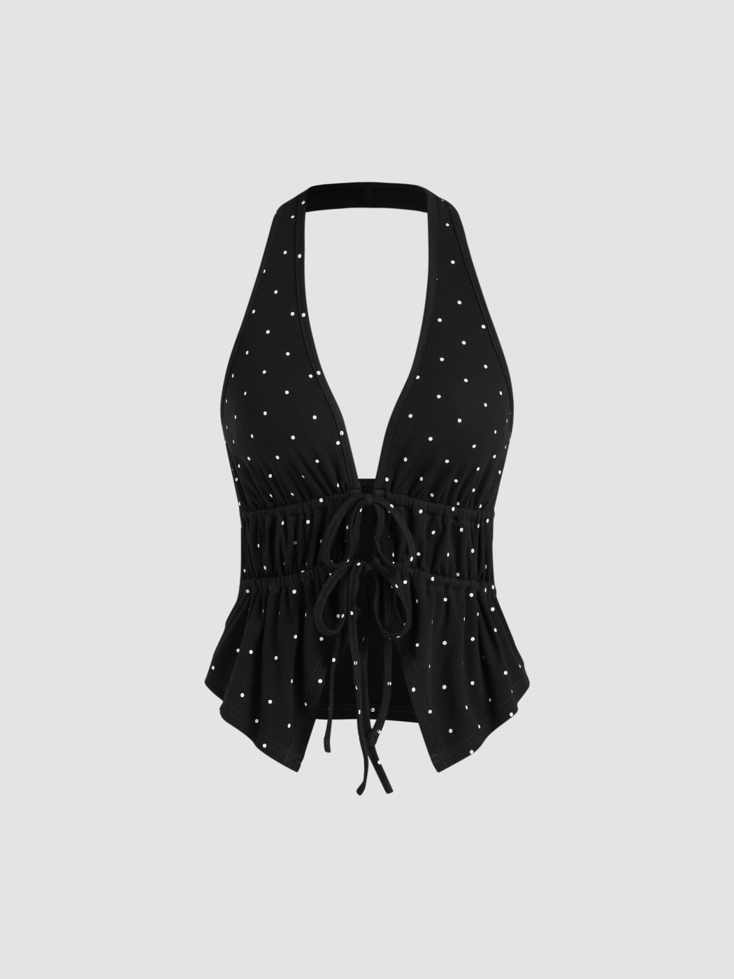 Cotton-blend Halter Neckline Polka Dot Tie Front Cami Top