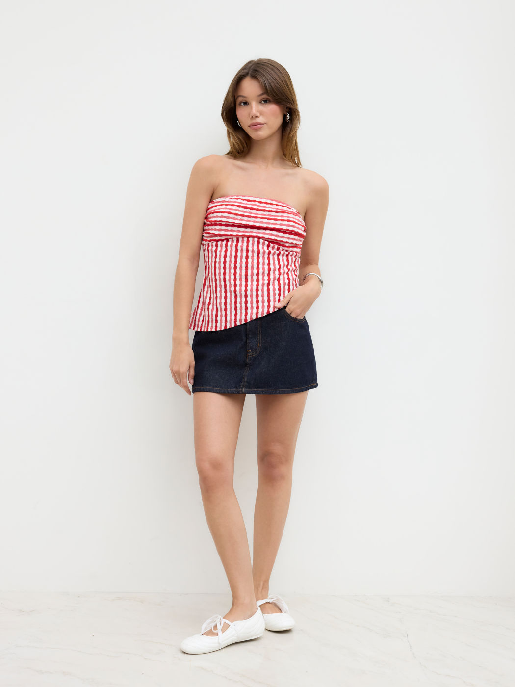Cotton-blend Stripe Asymmetrical Hem Bandeau Top