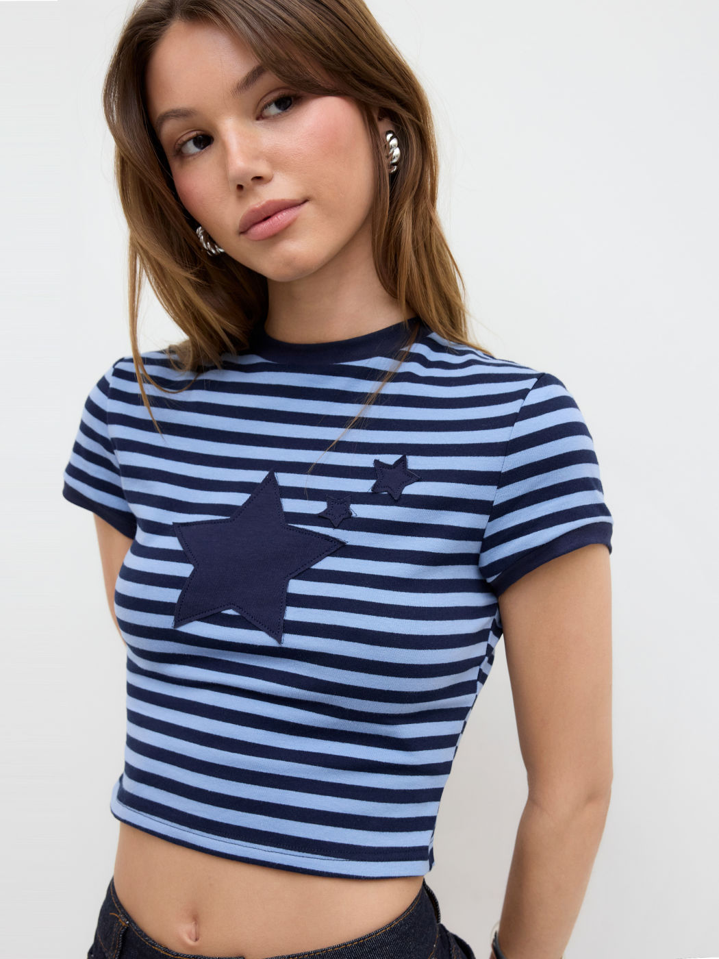 Cotton-blend Stripe Star Crop Tee