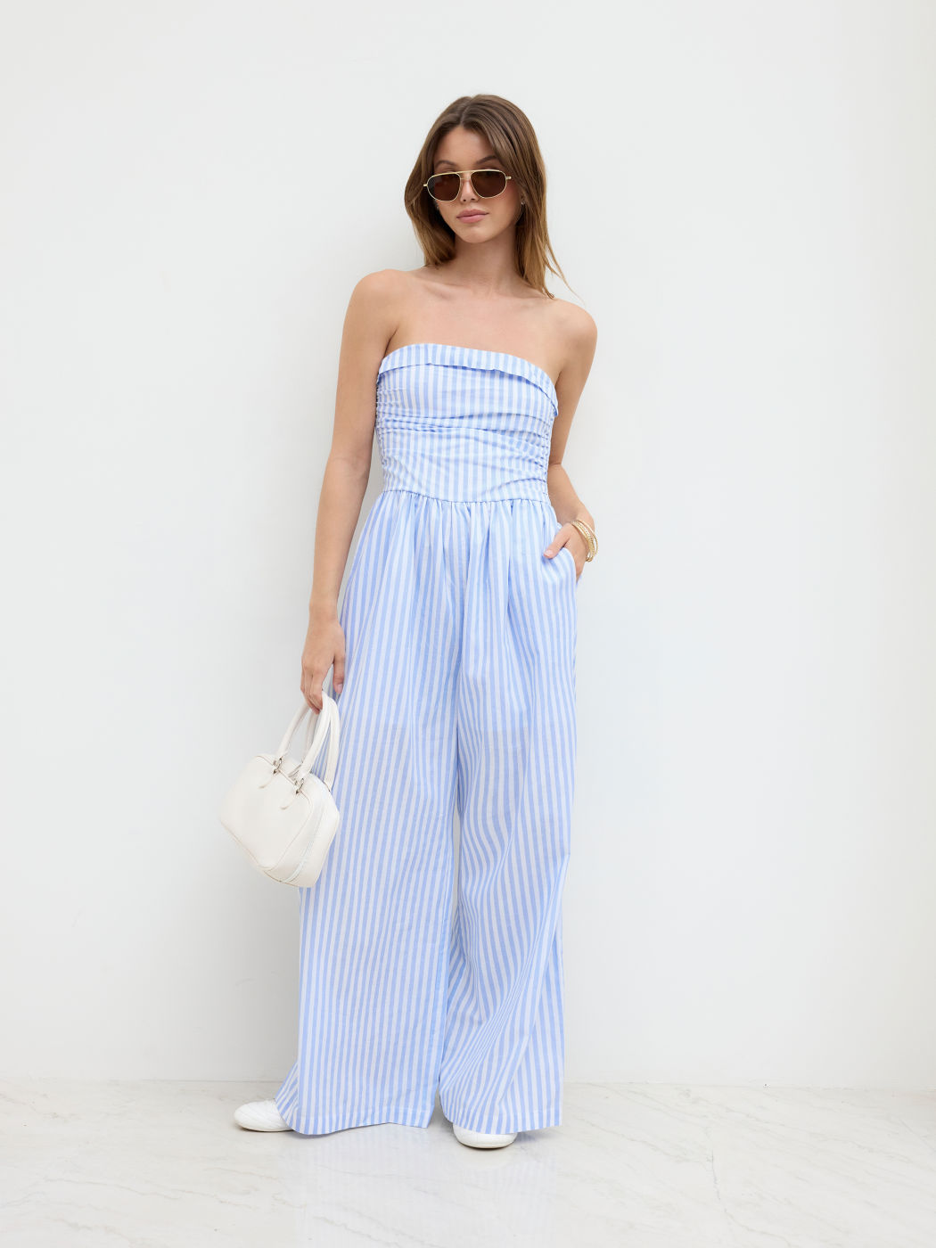 Cotton-blend Stripe Ruched Shirred Fold Over Bandeau Jumpsuit