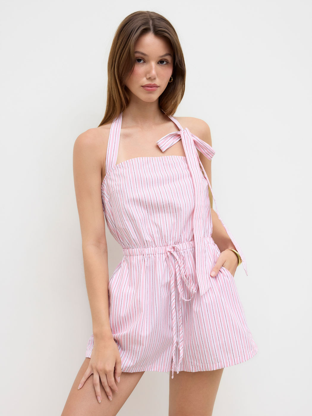 100% Cotton Halter Neckline Stripe Drawstring Knotted Romper