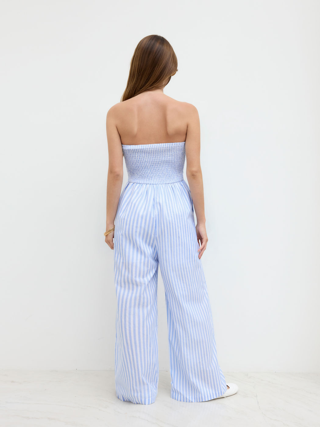 Cotton-blend Stripe Ruched Shirred Fold Over Bandeau Jumpsuit