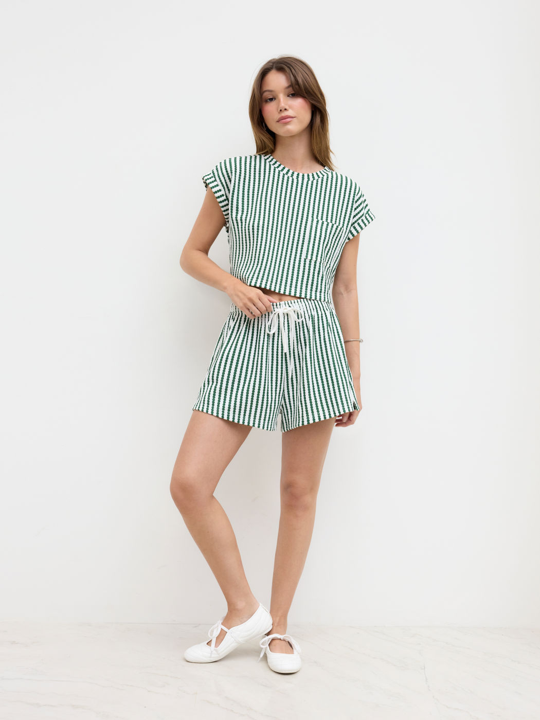 Round Neckline Stripe Oversized Crop Top & Mid Rise Drawstring Shorts Set