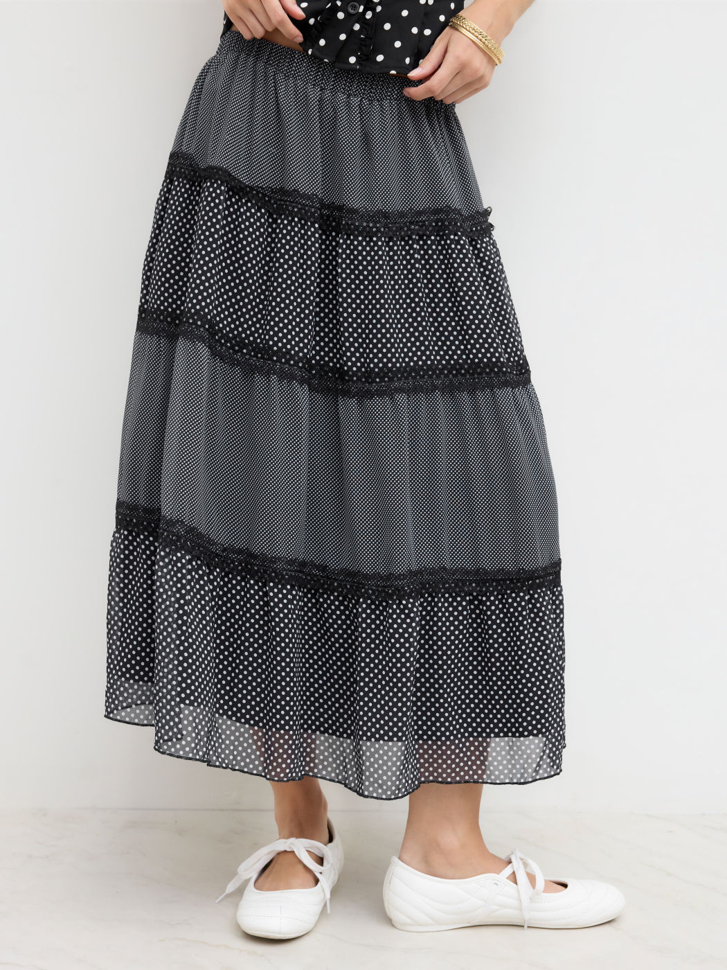 Chiffon Maxi-Skirt mit Spitzenrand und Polkadots, Mittelbund