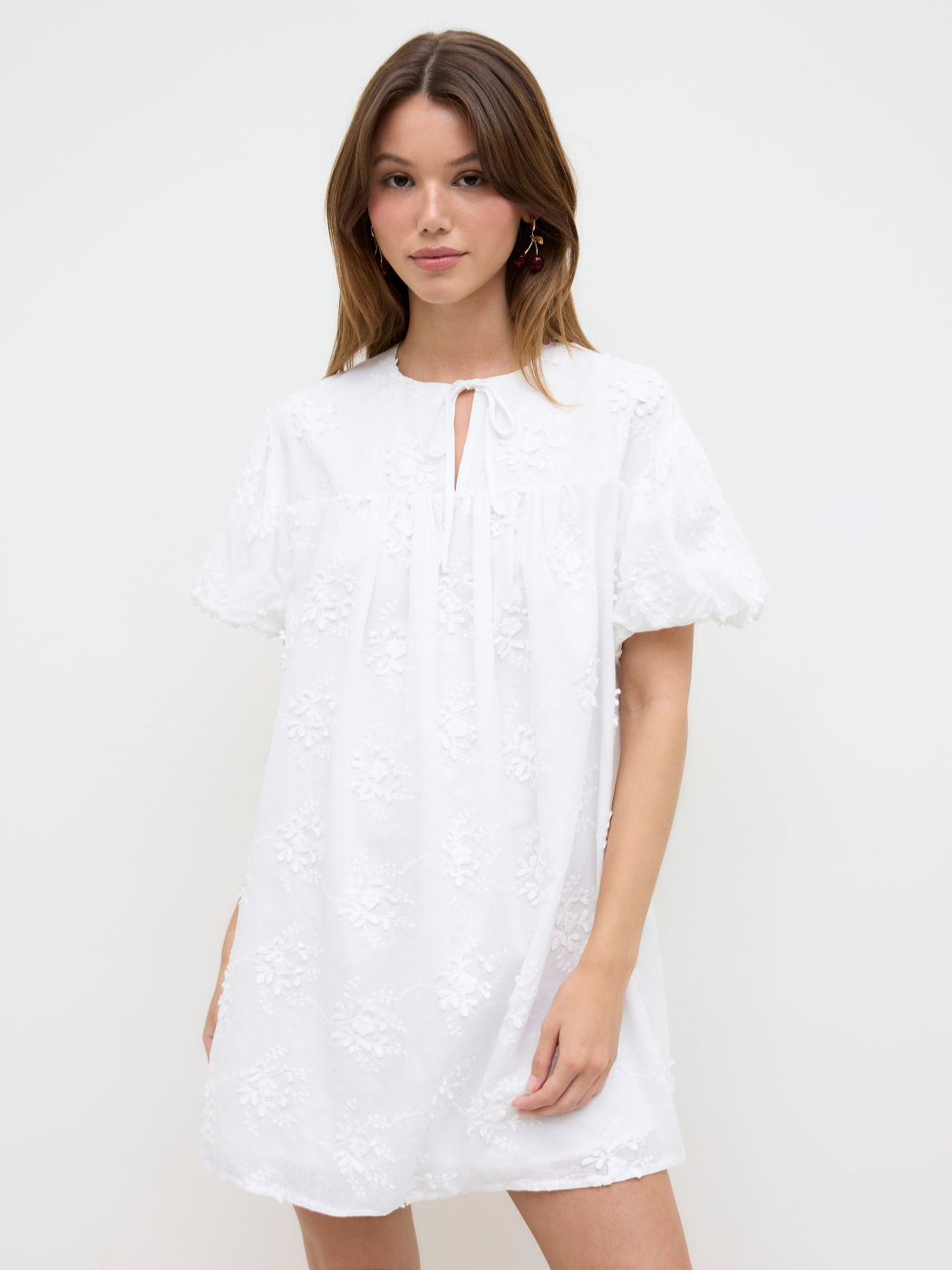 100% Cotton Floral Embroidery Dolman Sleeve Smock Mini Dress
