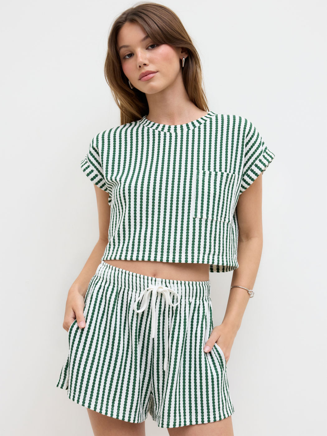 Round Neckline Stripe Oversized Crop Top & Mid Rise Drawstring Shorts Set