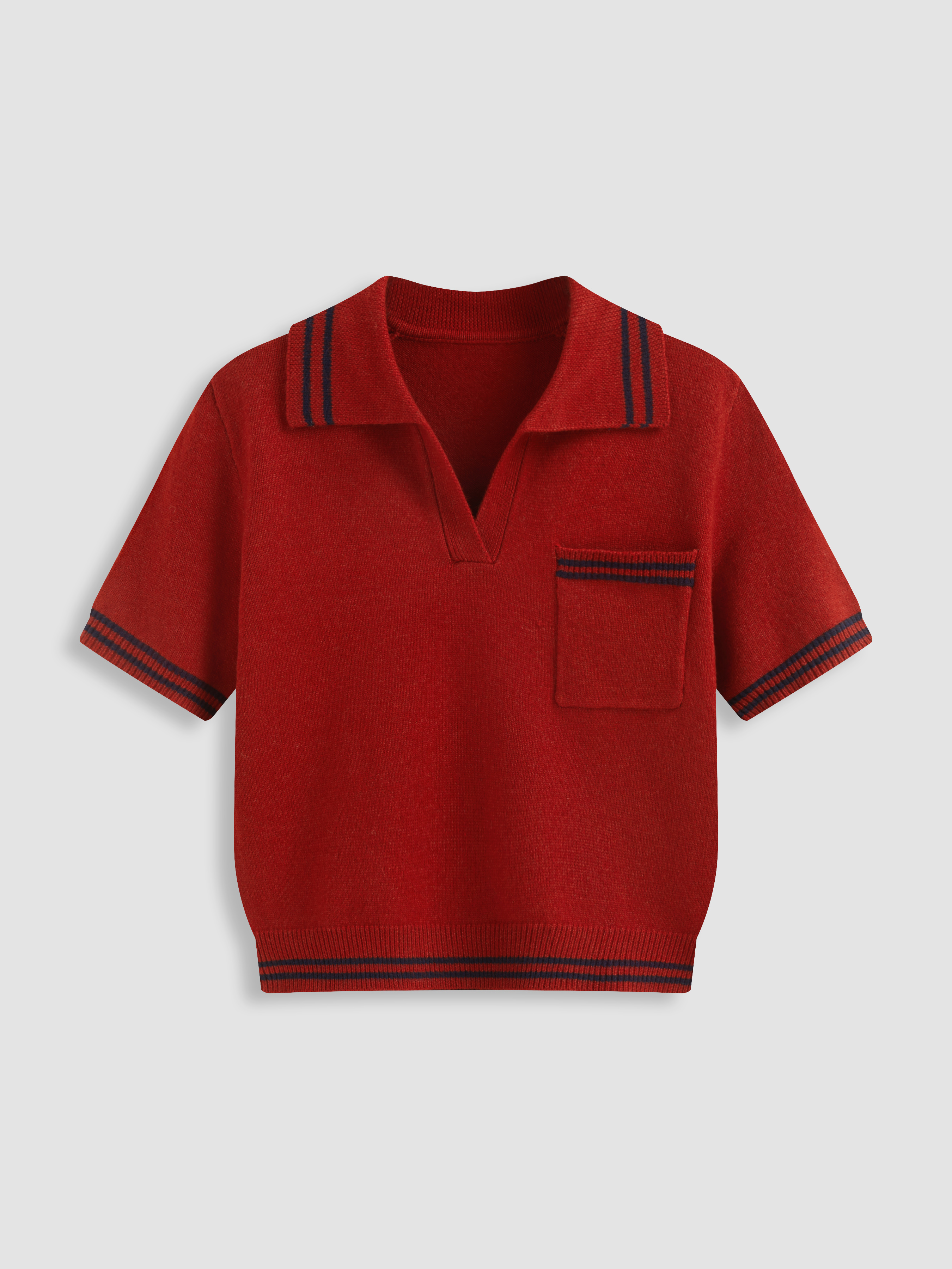 Knit Fabric Knit Collar Stripe Short Sleeve Top For School