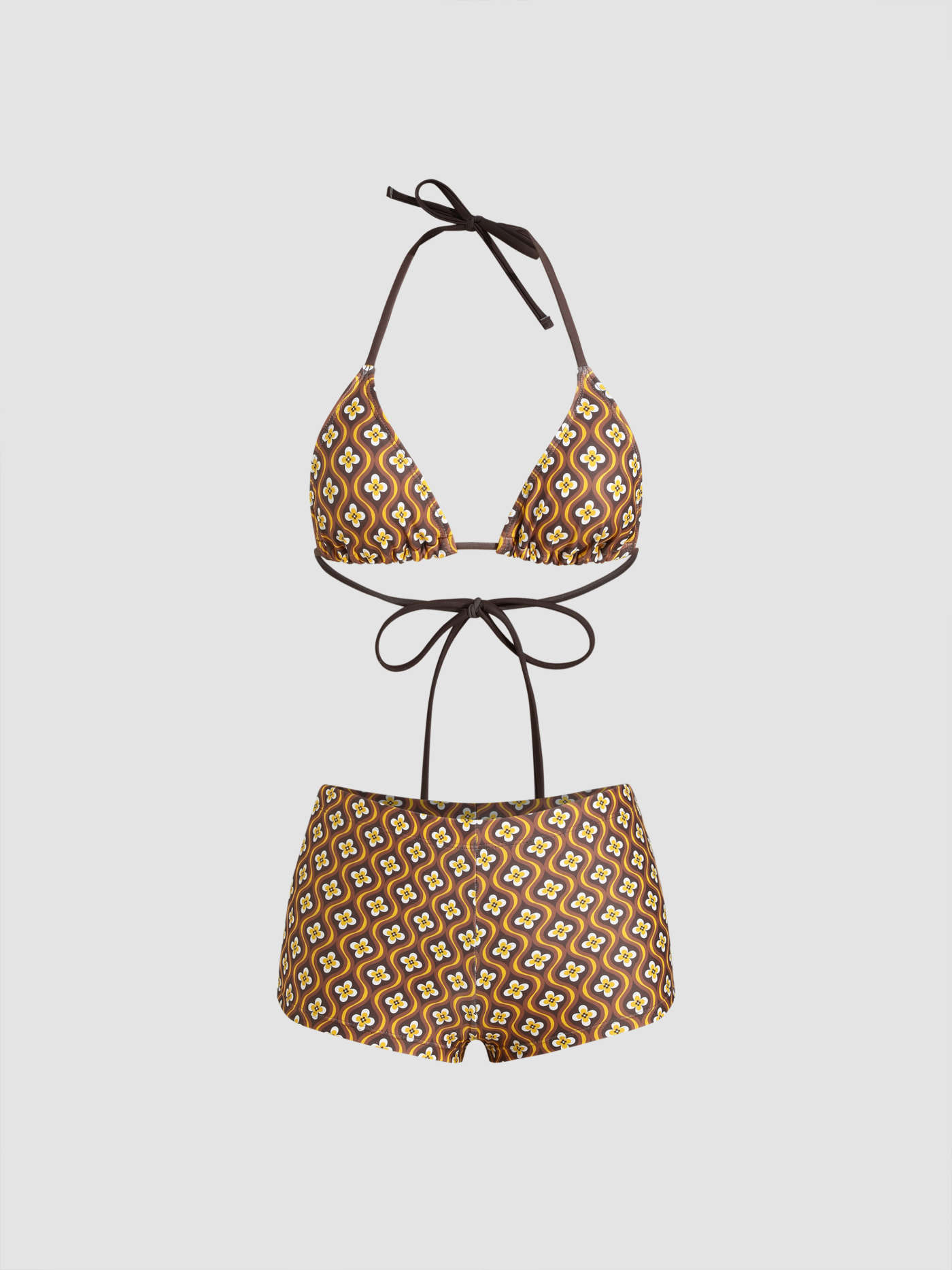 Halter Neckline Geometric Floral Shorts Bikini Set