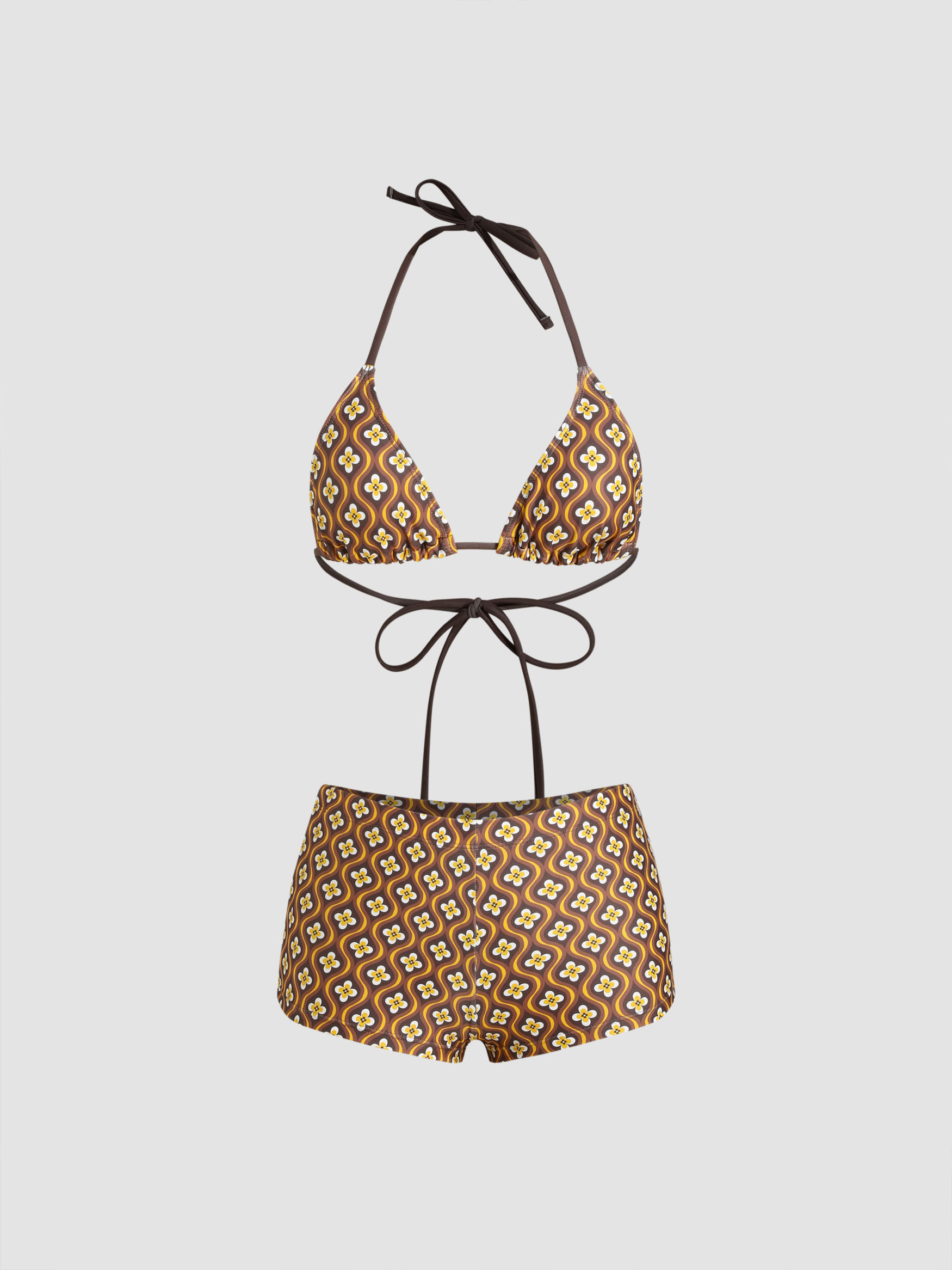 Halter Neckline Geometric Floral Shorts Bikini Set