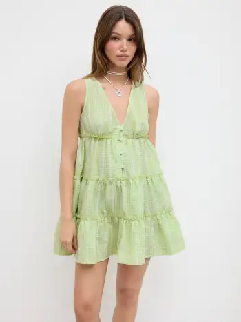 100% Cotton V-neck Check Button Short Sleeve Blouse