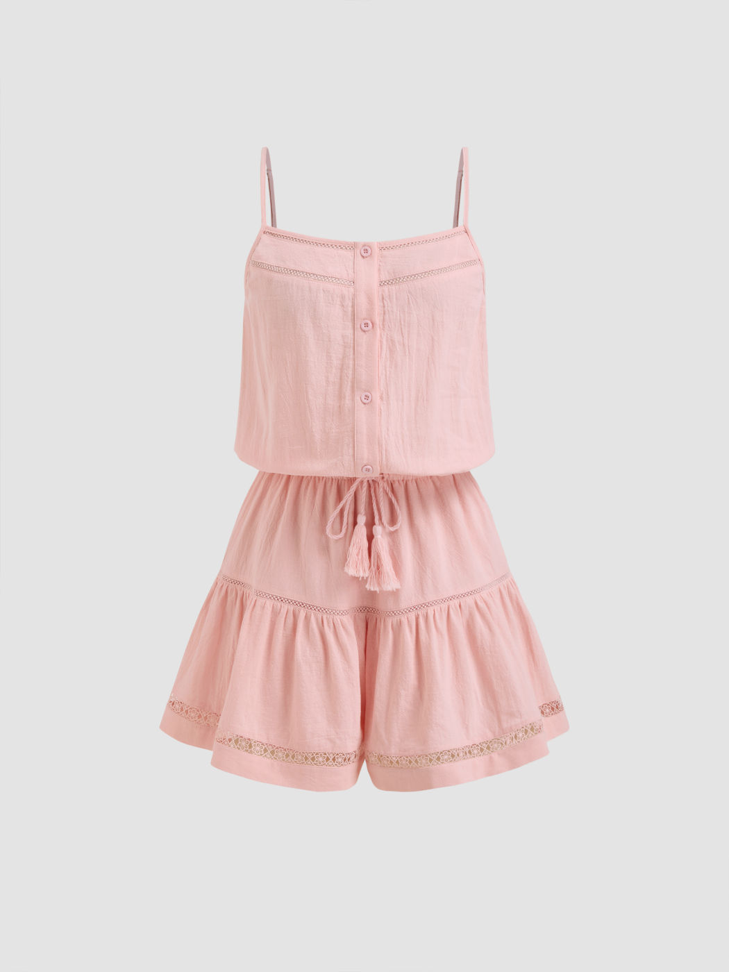 Cotton Scoop Neckline Drawstring Fringe Elastic Waist  Romper