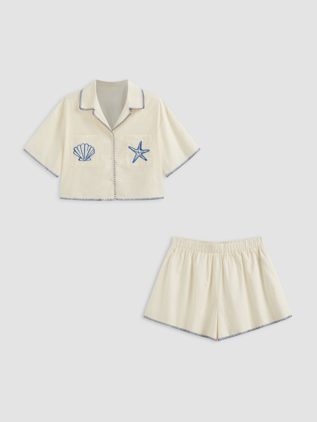 Ramie-blend Graphic Contrasting Binding Top & Wide Leg Shorts Set Curve & Plus